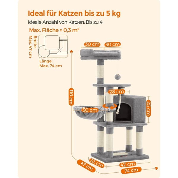 Naarmuuntuminen - 110 cm - alustoilla ja luolalla - vaaleanharmaa