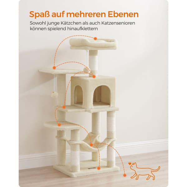 Scratching Post - 112 cm - med plateauer og hængekøje - beige