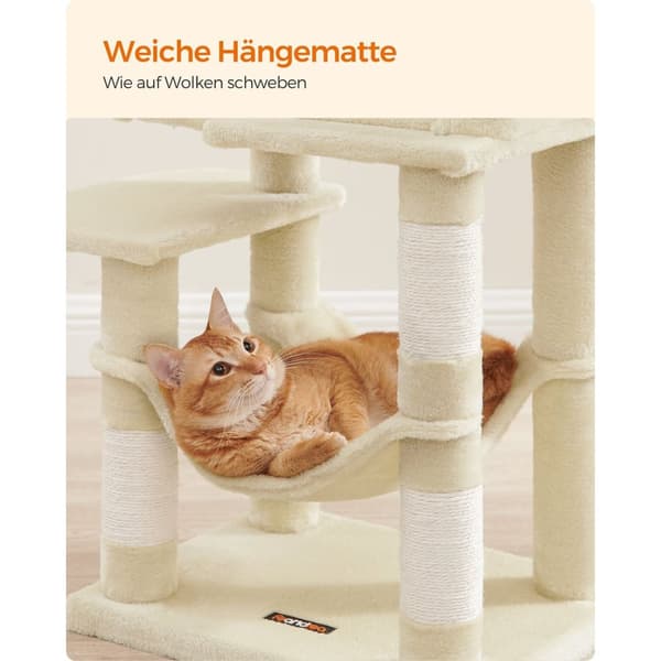 Scratching Post - 112 cm - med plateauer og hængekøje - beige