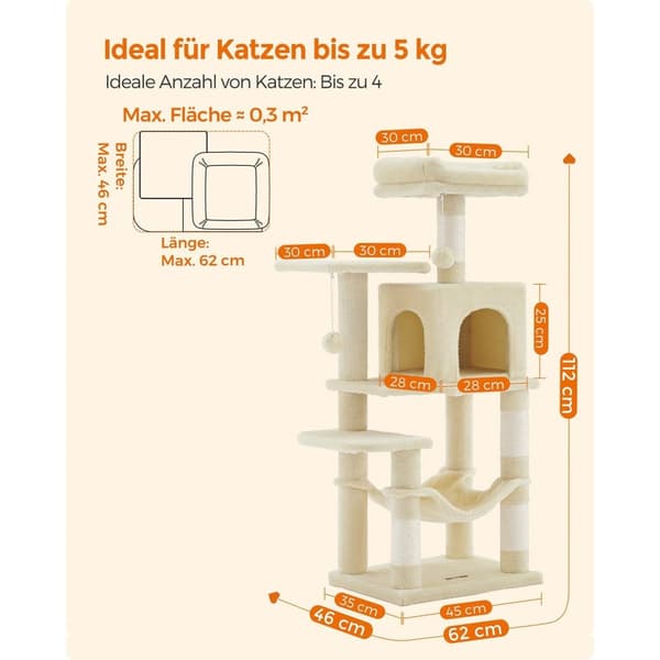 Scratching Post - 112 cm - med plateauer og hængekøje - beige