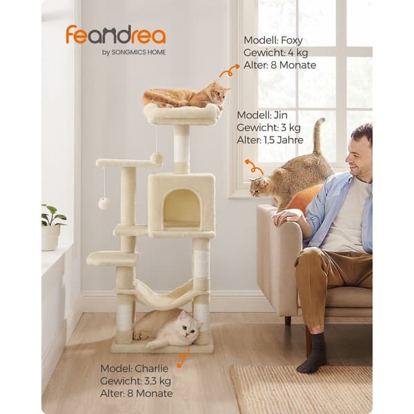 Scratching Post - 112 cm - med plateauer og hængekøje - beige