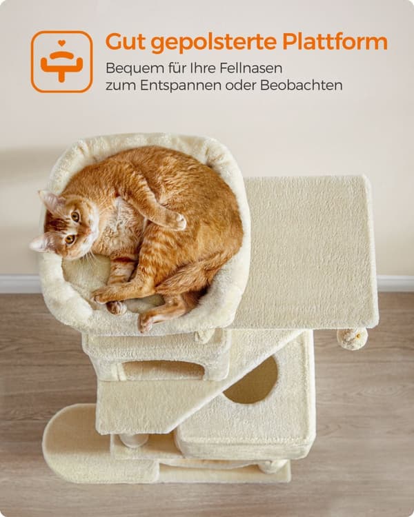 Scratching Post - 155 cm - med plateauer og hængekøje - beige