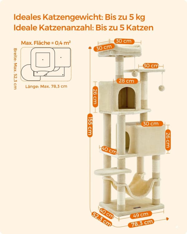 Scratching Post - 155 cm - med plateauer og hængekøje - beige