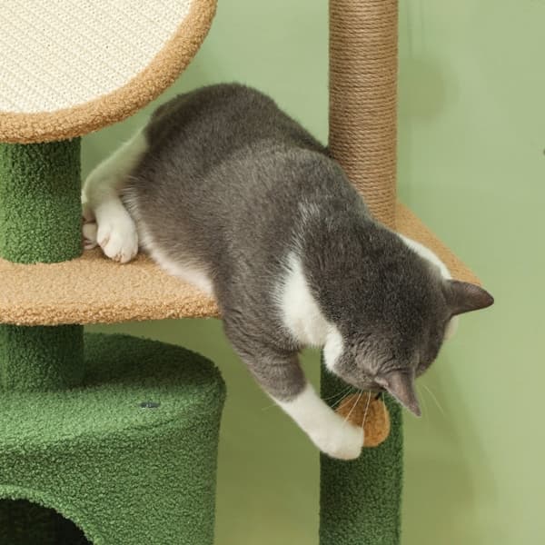 Rootz Cat Tree med kunstige blade - Kradsestolpe - Legecenter - Plys & Jute Comfort - 48L x 44W x 139H cm