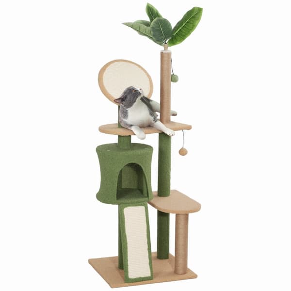 Rootz Cat Tree med kunstige blade - Kradsestolpe - Legecenter - Plys & Jute Comfort - 48L x 44W x 139H cm