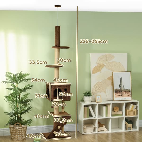 Rootzin lattiasta kattoon ulottuva kissapuu - Kissan asunto - Raaputustolppa - Tilaa säästävä muotoilu - Säädettävä 225-265cm - 48L x 40W cm Pohja