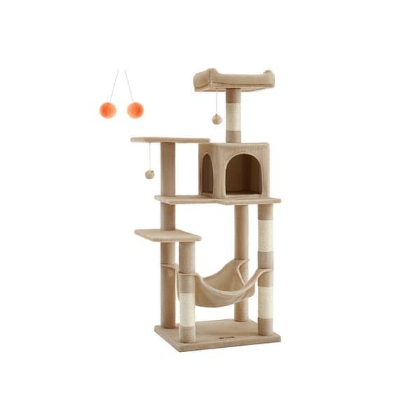 Scratching Post - 143 cm høj - med 4 skrabe stolper - kamelbrun