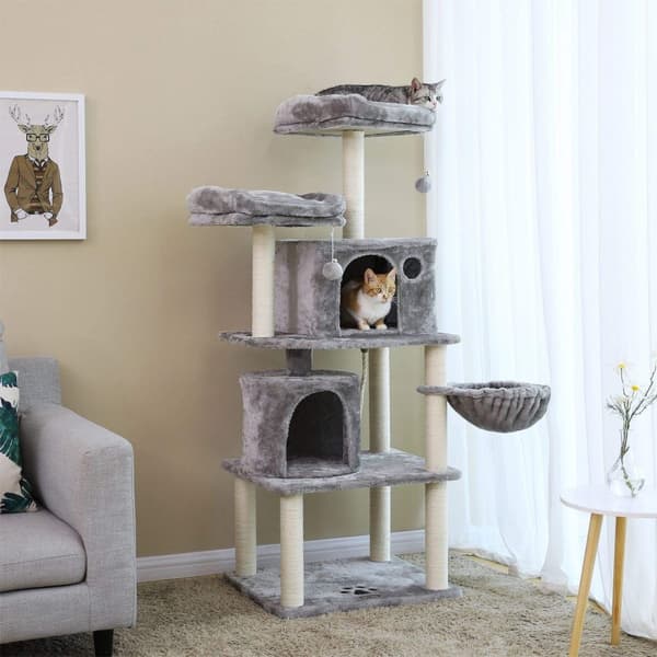 Scratching Post - Cat Sleeping Place - 152 cm - med plattform, gräsmatta och 2 grottor - ljusgrå