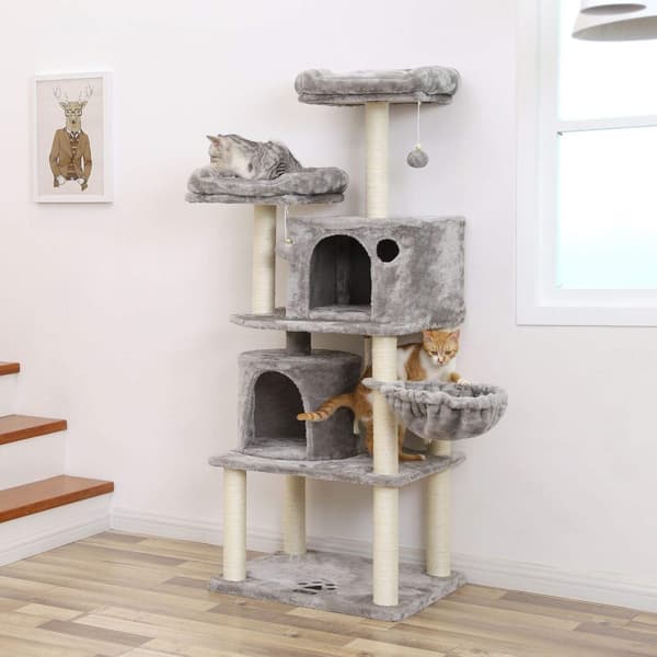 Scratching Post - Cat Sleeping Place - 152 cm - med plattform, gräsmatta och 2 grottor - ljusgrå