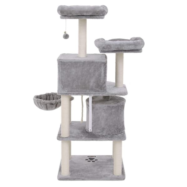 Scratching Post - Cat Sleeping Place - 152 cm - med plattform, gräsmatta och 2 grottor - ljusgrå