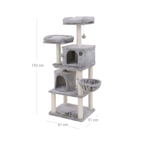 Scratching Post - Cat Sleeping Place - 152 cm - med plattform, gräsmatta och 2 grottor - ljusgrå
