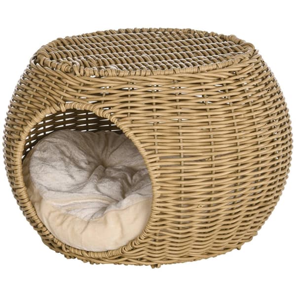 Rootz 2 -tasoinen kissatalo - kissakori - kissan luola - viihtyisä retriitti - Ø 40 x 30 cm - ruskea hartsirattani pehmeällä tyynyllä