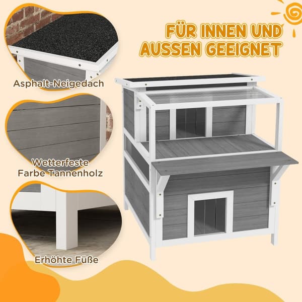 Rootz 2 -Tier Cat House parvekkeella - säänkestävä kissansuoja - ulkokissan retriitti - kuusen puu ja vedenpitävä maali - 64 cm x 87cm x 76 cm
