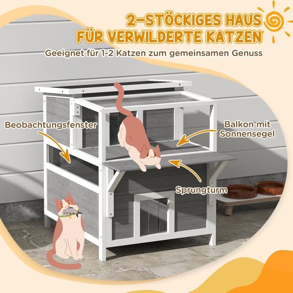 Rootz 2 -Tier Cat House parvekkeella - säänkestävä kissansuoja - ulkokissan retriitti - kuusen puu ja vedenpitävä maali - 64 cm x 87cm x 76 cm