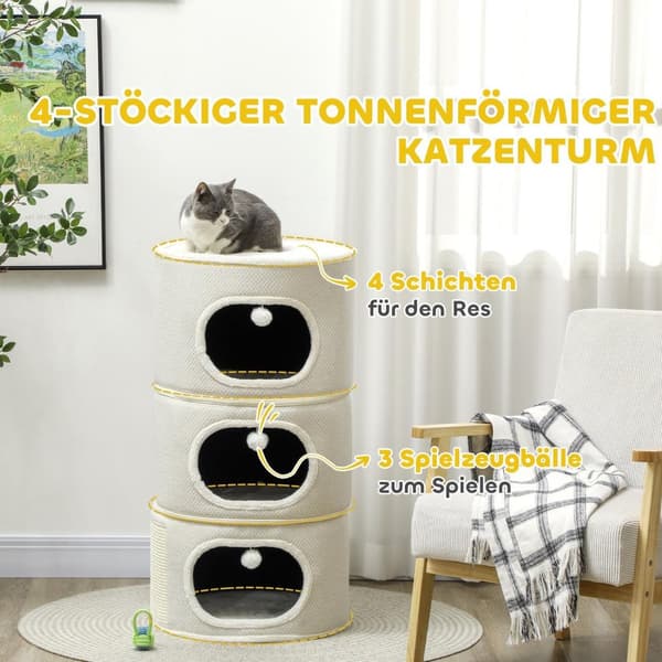 Rootz 4 Tier Cat Barrel - Cat Tower - Indoor Cat House - Scratch & Play - 51 cm Ø x 100 cm h
