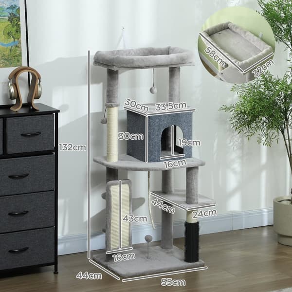 Rootz 52 "Cat Tree - Activity Scratching Post - Play Center - Sisal for Claw Care - 55L X 44W X 132H CM - Grå