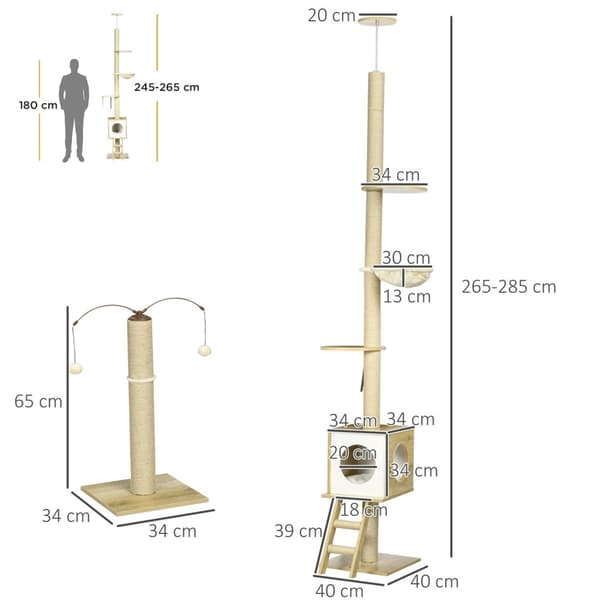 Rootz Justerbar Cat Scratching Post - Cat Tree Tower - Cat Activity Center - Gulv til loft - 40 cm x 40 cm x 225-285 cm