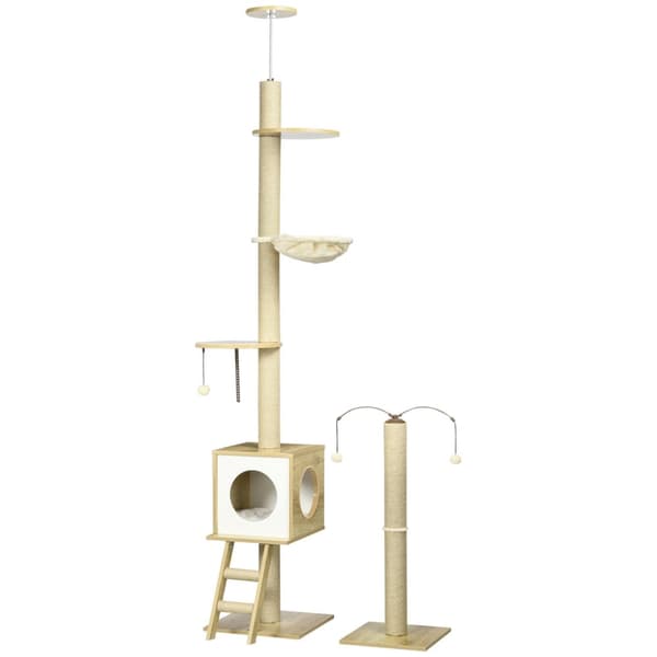 Rootz Justerbar Cat Scratching Post - Cat Tree Tower - Cat Activity Center - Gulv til loft - 40 cm x 40 cm x 225-285 cm