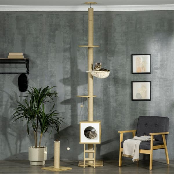 Rootz Justerbar Cat Scratching Post - Cat Tree Tower - Cat Activity Center - Gulv til loft - 40 cm x 40 cm x 225-285 cm