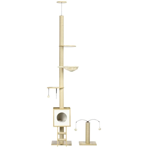 Rootz Justerbar Cat Scratching Post - Cat Tree Tower - Cat Activity Center - Gulv til loft - 40 cm x 40 cm x 225-285 cm