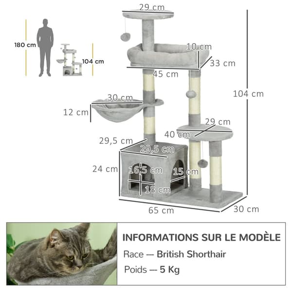 Rootz Cat -radutuspylväs - Moniaktiivisuuskeskus - Cat Tree - Viihdyttää ja suojaa huonekaluja - 65L x 30W x 104H CM