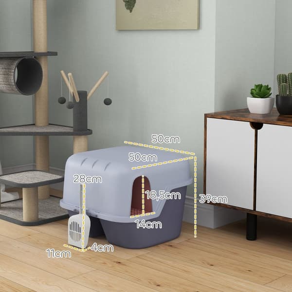 Rootz Cat Litter Box med låg og scoop - Pet Litter Pan - Easy Clean Kitty Toilet - 50 cm x 50 cm x 39 cm - Låsbar og stilfuld grå