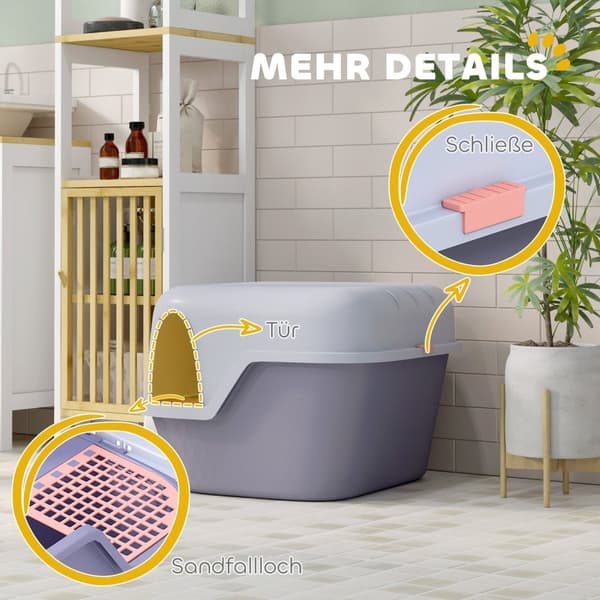 Rootz Cat Litter Box med låg og scoop - Pet Litter Pan - Easy Clean Kitty Toilet - 50 cm x 50 cm x 39 cm - Låsbar og stilfuld grå