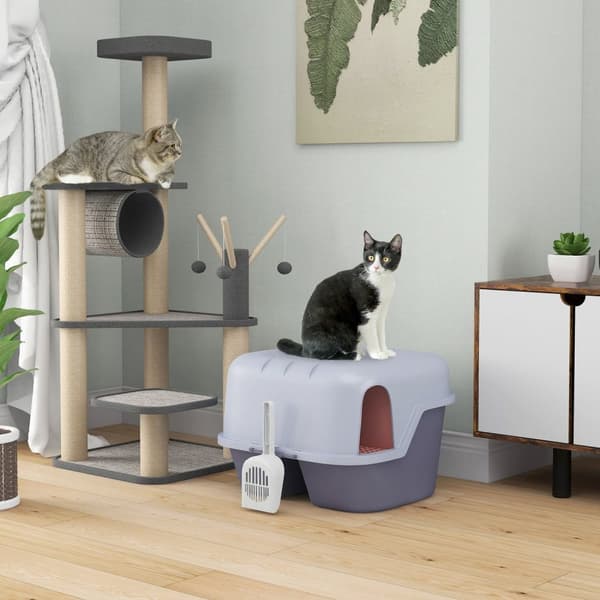 Rootz Cat Litter Box med låg og scoop - Pet Litter Pan - Easy Clean Kitty Toilet - 50 cm x 50 cm x 39 cm - Låsbar og stilfuld grå