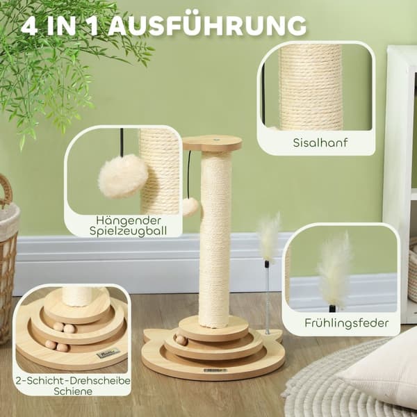 Rootz Cat -radutuspylväs - Sisal Scratch Tower - Play Ball Track - Viihdyttävä 4 -in -1 -suunnittelu - 32 cm x 32cm x 49cm