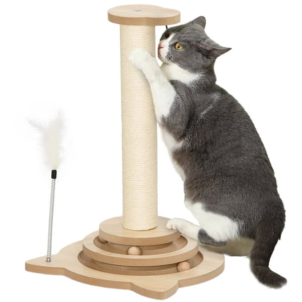 Rootz Cat -radutuspylväs - Sisal Scratch Tower - Play Ball Track - Viihdyttävä 4 -in -1 -suunnittelu - 32 cm x 32cm x 49cm
