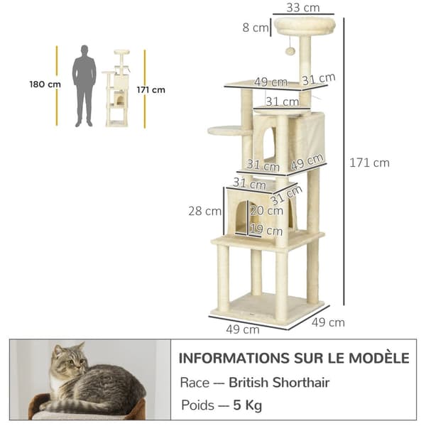 Rootz Cat Tree - Climbing Tree - Scratching Post - Multi -Level Fun - 171cm höjd - 49W x 49d x 171h cm