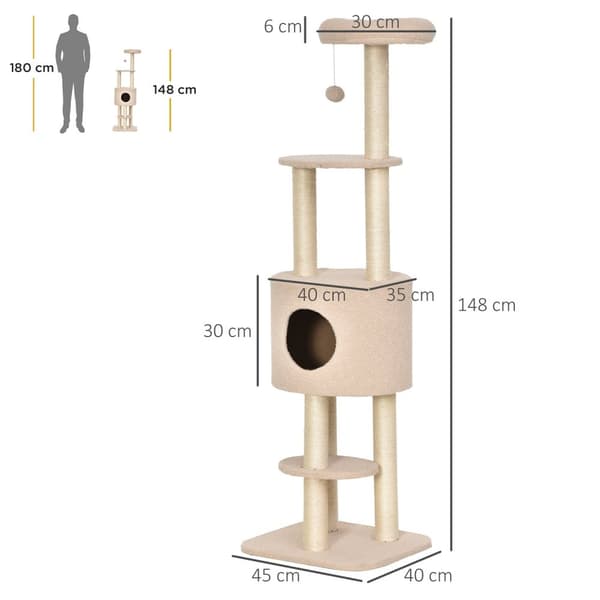 Rootz Cat Tree med Sisal Scratching Post - Cat Condo - Plush Cat Tower - Skyddar möbler - 45L X 40W X 148H CM
