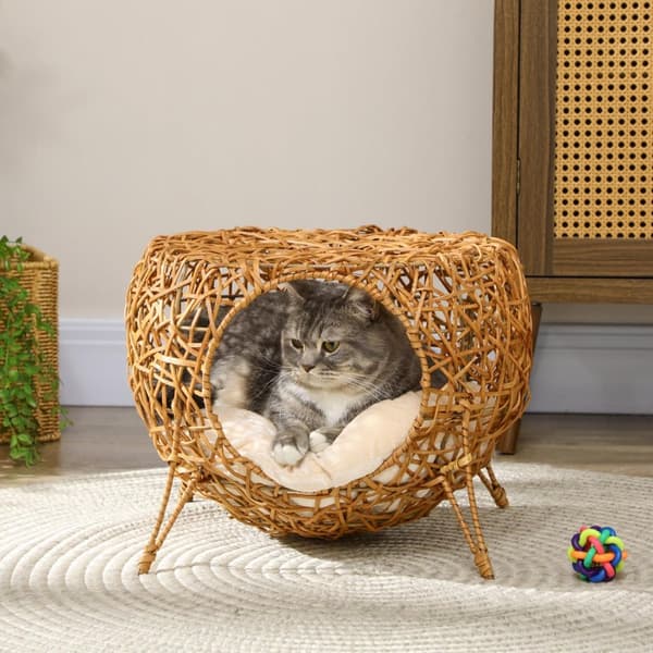 Rootz Cat Cave - Cat Bed - Cat House - Rattan -kissan kori - Pehmeä tyyny - Ø 40 x 32 cm - ruskea - tyylikäs ja mukava lepopaikka