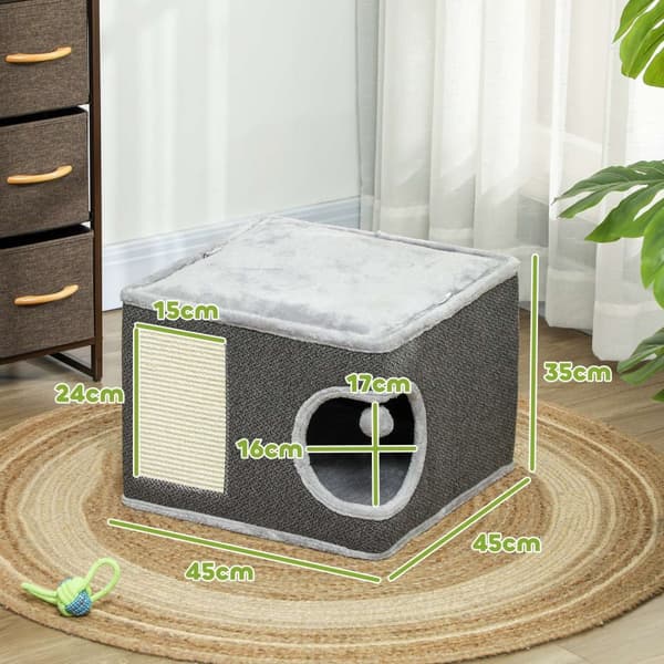 Rootz Cat House med puder - katteseng - kattehave - sisal mat - 45x45x35 cm - plys komfort for katte op til 6 kg - legetøjskugle inkluderet