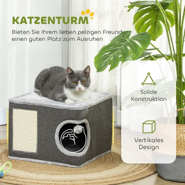 Rootz Cat House med puder - katteseng - kattehave - sisal mat - 45x45x35 cm - plys komfort for katte op til 6 kg - legetøjskugle inkluderet