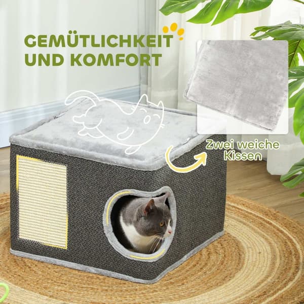 Rootz Cat House med puder - katteseng - kattehave - sisal mat - 45x45x35 cm - plys komfort for katte op til 6 kg - legetøjskugle inkluderet
