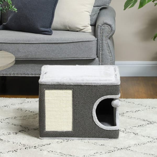 Rootz Cat House med puder - katteseng - kattehave - sisal mat - 45x45x35 cm - plys komfort for katte op til 6 kg - legetøjskugle inkluderet