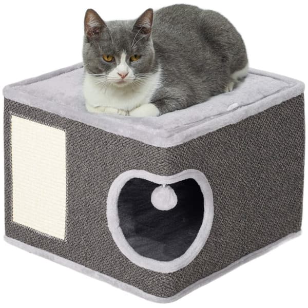 Rootz Cat House med puder - katteseng - kattehave - sisal mat - 45x45x35 cm - plys komfort for katte op til 6 kg - legetøjskugle inkluderet
