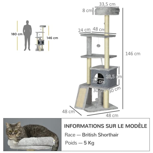 Rootz Cat Tree - Kiipeilypuu - CAT -aktiviteettikeskus - Kynsiteroittaminen - 4 alusta 146 cm - Paranna kotiasi tyylillä ja toiminnalla!