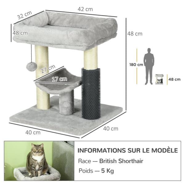 Rootz Cat Tree Scratching Post - Play Tower - Cat Activity Center - Sisal Trunk - 48 cm High - Gray