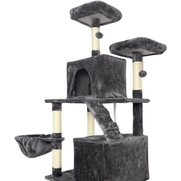 TAYLOR Kattenshydd - 60 x 50 x 206 cm - Mörkgrå - 2 plattformar, 1 sittpinn, 2 hus, 1 hängmatta