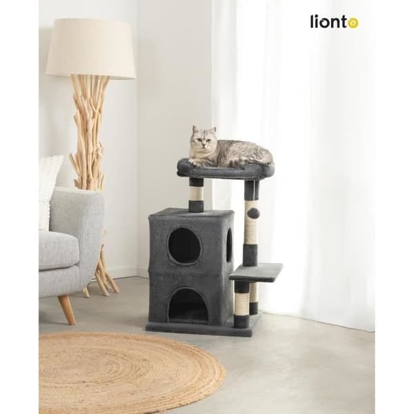 Kattträd - lionto - Höjd 80 cm - Mörkgrå - Mjuk plysch - Sisal