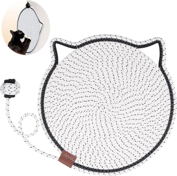 Kattklösmatta, bomullsbollleksak och kattöra designad klösmatta, hållbar klösvägg.