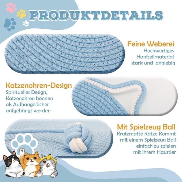 Kattklösmatta, bomullsbollleksak och kattöra designad klösmatta, hållbar klösvägg.