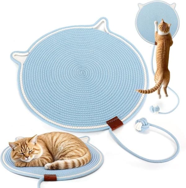 Kattklösmatta, bomullsbollleksak och kattöra designad klösmatta, hållbar klösvägg.