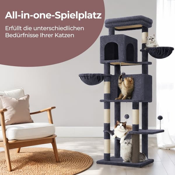 Scratching Post 175 cm - Cat Tree med flere etager og 2 huler
