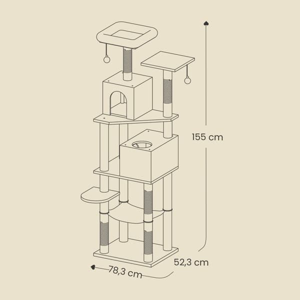 Skrabende post 155 cm- plys kattetræ med leg og sovende sted