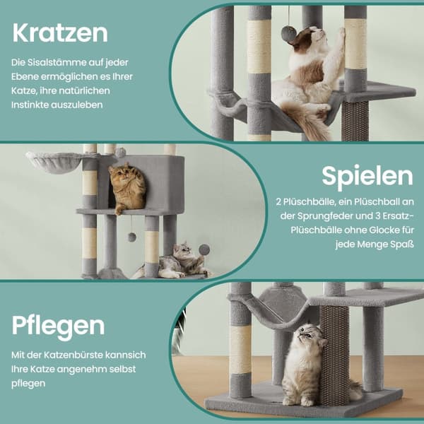 Scratching Post 175 cm - Cat Tree med flere etager og 2 huler
