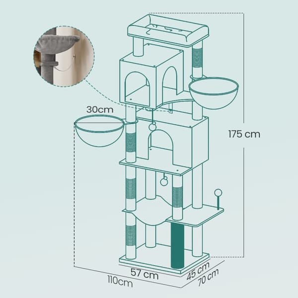 Scratching Post 175 cm - Cat Tree med flere etager og 2 huler