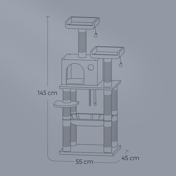 Naarmuuntuminen 143 cm - kissapuu 11 naarmuuntumispylväällä - vakaa ja mukava